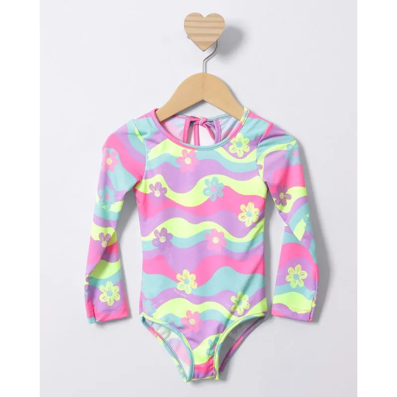 Maiô Bebê Estampado Flores Manga Longa Neon Rosa 2