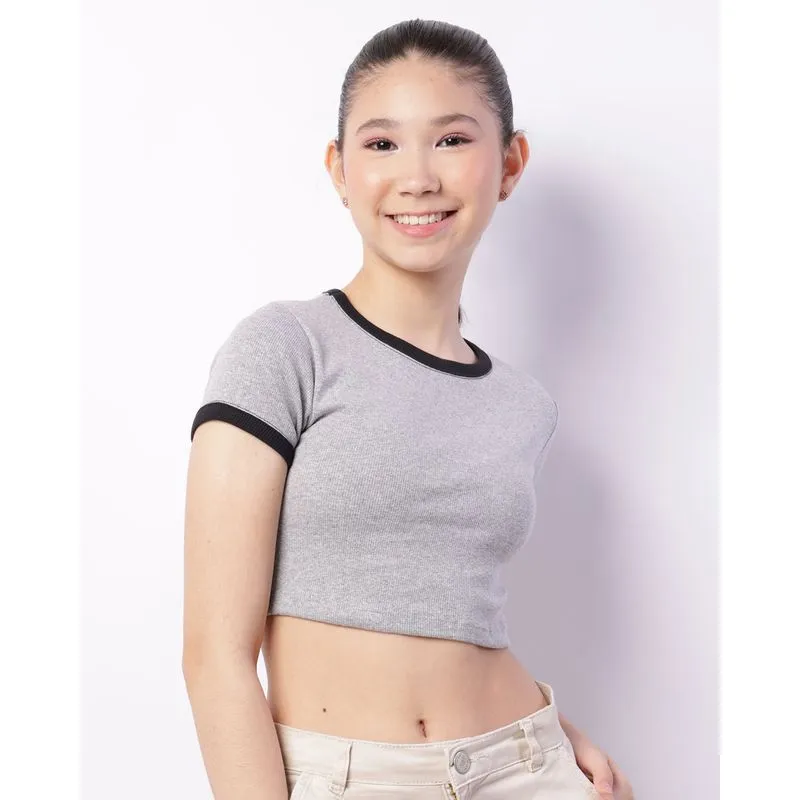 Blusa Juvenil Cropped Canelada Manga Curta Cinza 16