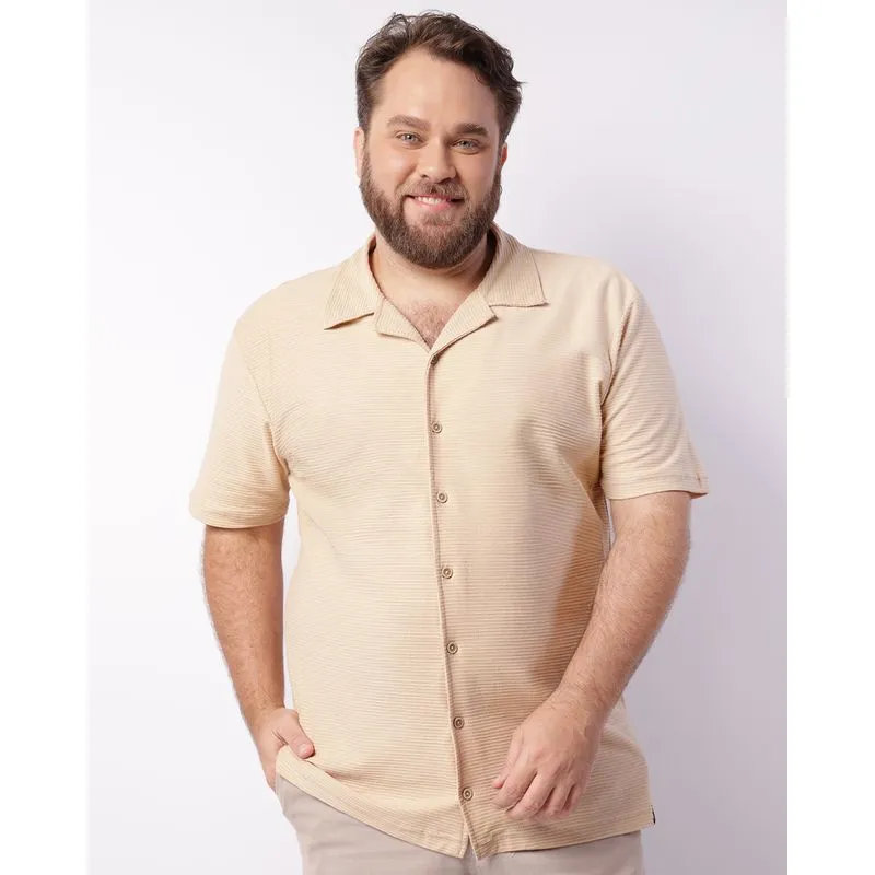 Camisa Plus Size Masculina Texturizada Manga Curta Bege G3