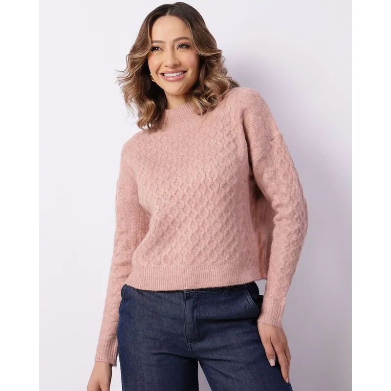 Suéter Feminino Tricô Manga Longa Trançado Rosa G