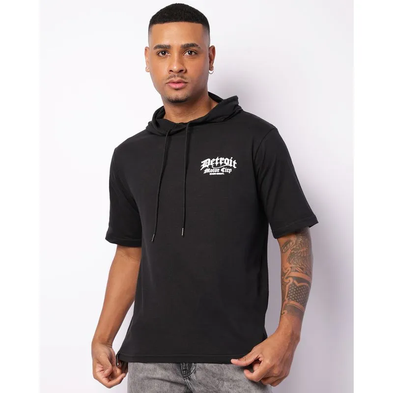 Camiseta Masculina Manga Curta Capuz Estampa Detroit Preta GG
