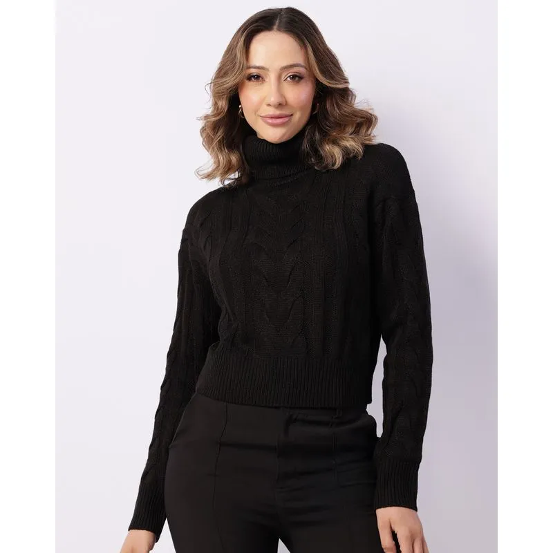 Suéter Feminino Tricô Gola Alta Trançado Preto G