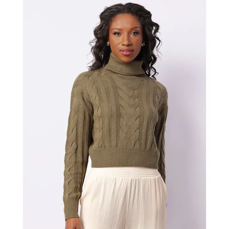 Suéter Feminino Tricô Gola Alta Trançado Verde P