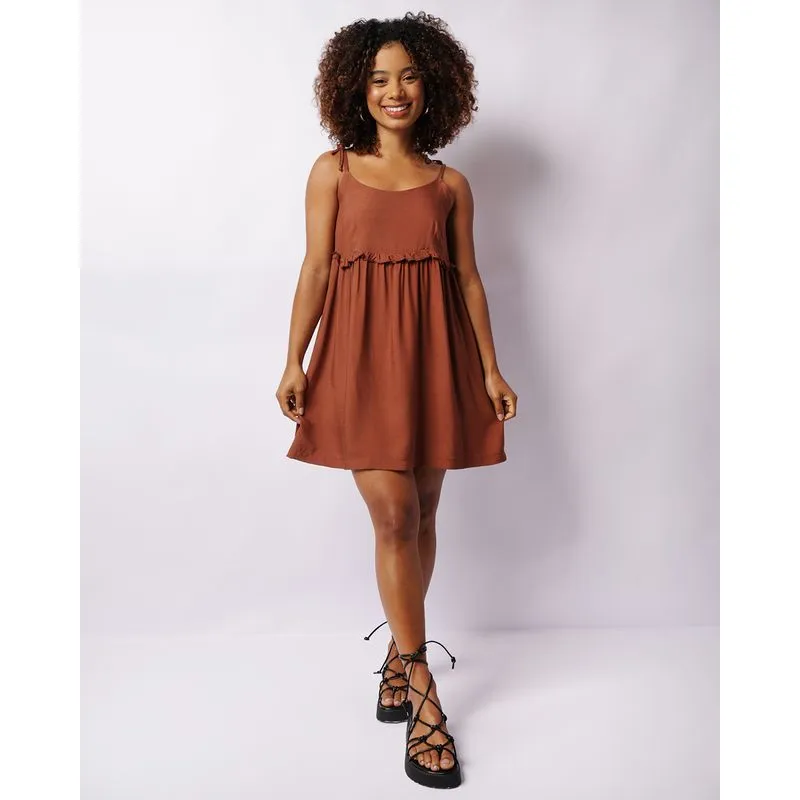 Vestido Feminino Curto Viscose Com Babado Marrom GG