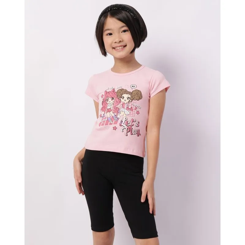 Conjunto Infantil Curto Algodão Estampa Frontal Rosa 8
