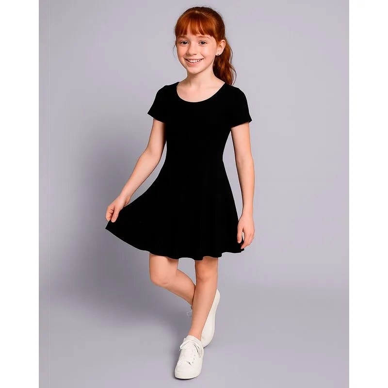 Vestido Juvenil Curto Canelado Evasê Preto 10