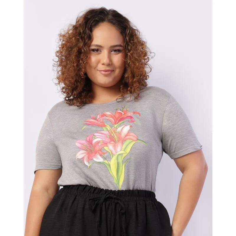 Blusa Plus Size Feminina Viscose Manga Curta Estampa Cinza G3
