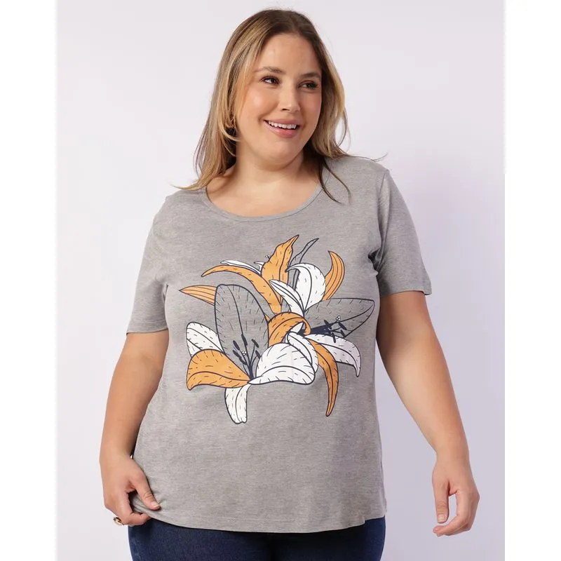 Blusa Plus Size Feminina Estampa Flores Manga Curta Cinza G2