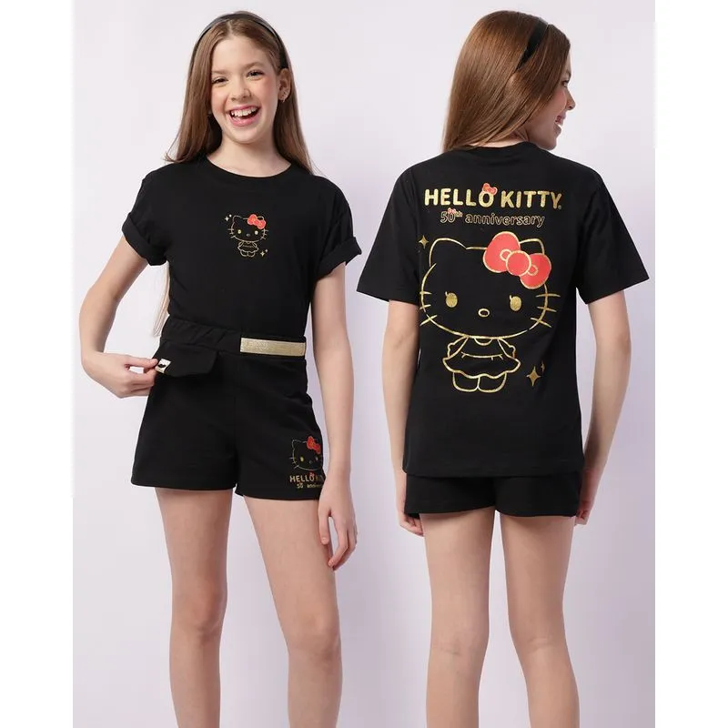 Camiseta Juvenil Manga Curta Oversized Hello Kitty Preta 16