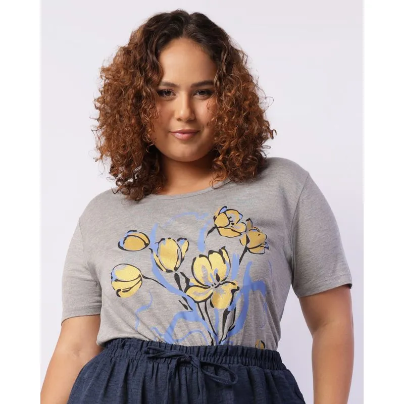 Blusa Plus Size Feminina Viscose Manga Curta Estampa Cinza G3