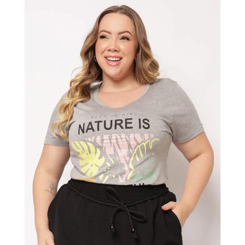 Blusa Plus Size Feminina Estampa Frontal Manga Curta Cinza G1
