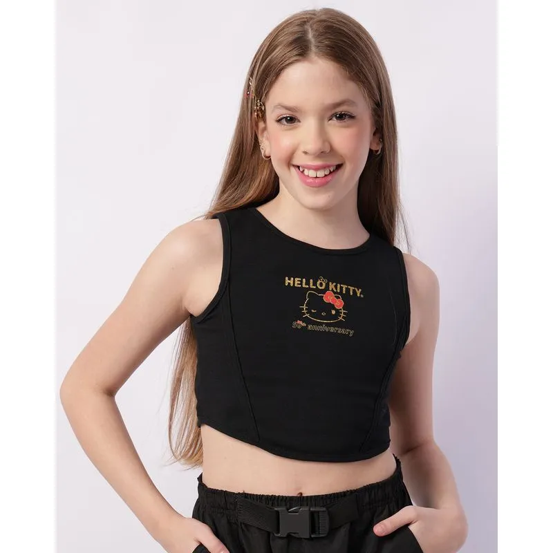 Regata Juvenil Hello Kitty Cropped com Recortes Preta 12