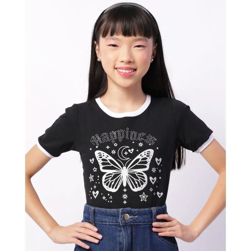 Blusa Juvenil Estampa Borboleta Com Strass Manga Curta Preta 12