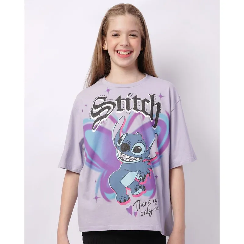 Camiseta Juvenil Oversized Disney Stitch Manga Curta Lilás 12