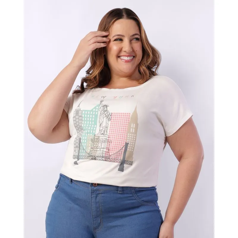 Blusa Plus Size Feminina Manga Curta New York Off White G3