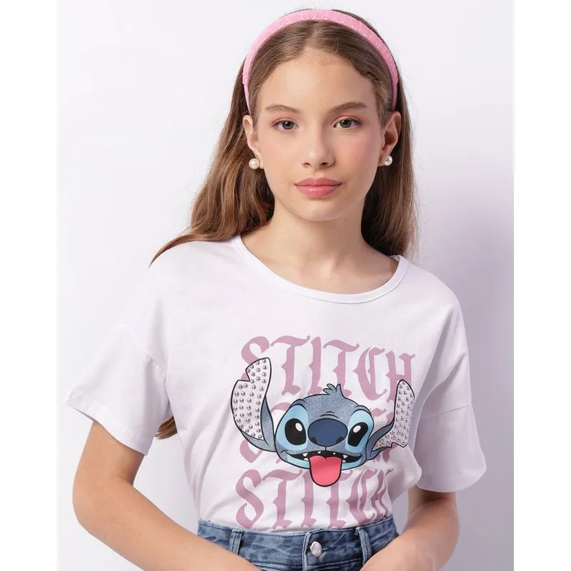 Camiseta Juvenil Disney Stitch Com Aplicação Manga Curta Branca 14