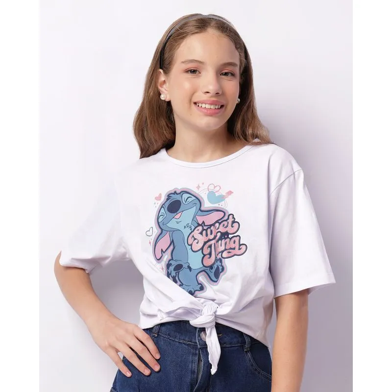 Blusa Juvenil Disney Stitch Amarração Manga Curta Branca 16