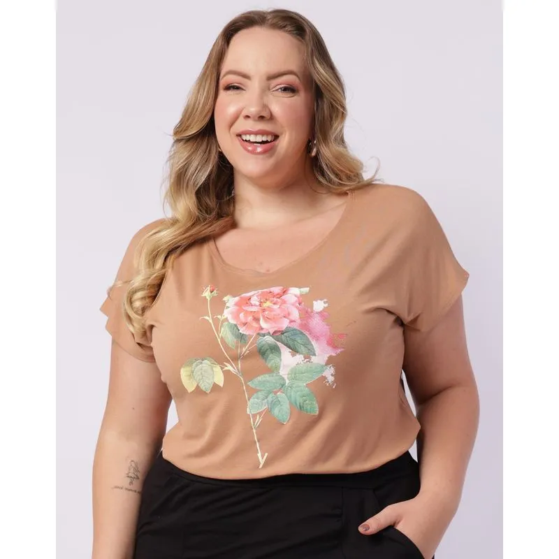 Blusa Plus Size Feminina Viscose com Estampa Floral Bege G1
