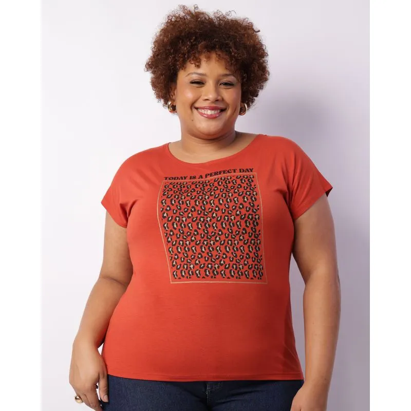 Blusa Plus Size Feminina Manga Curta Estampa Frontal Laranja G1