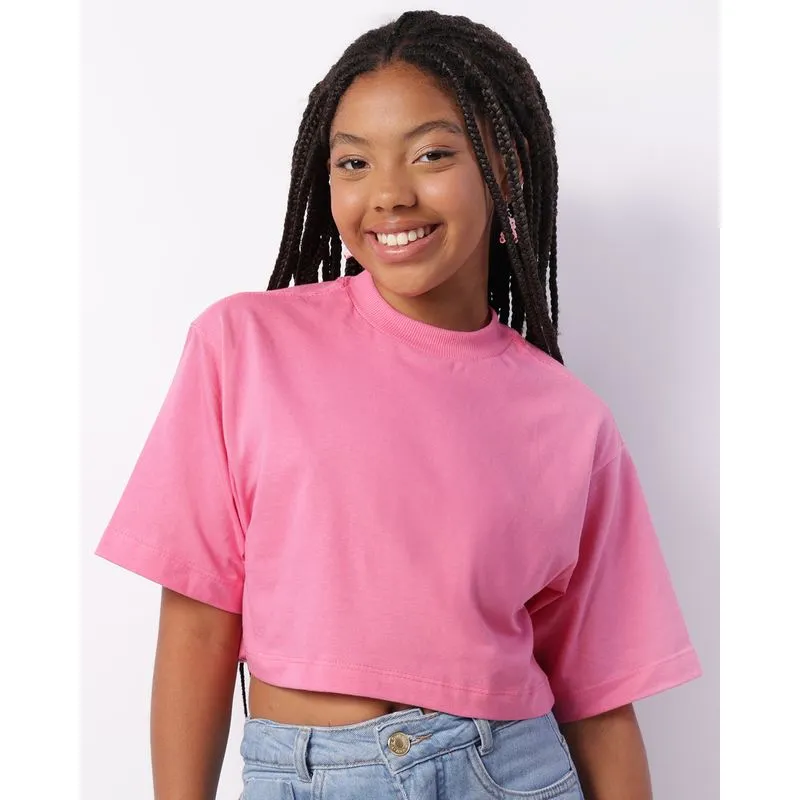 Blusa Juvenil Cropped Manga Curta Rosa 10