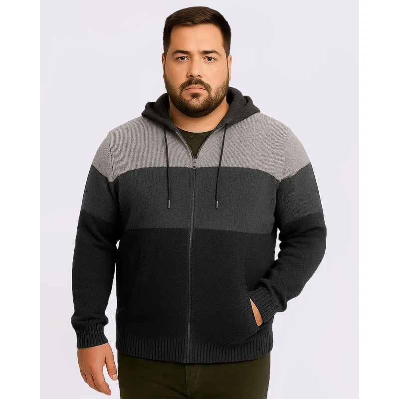 Jaqueta Plus Size Masculina Tricô com Capuz Bolsos Preta G1
