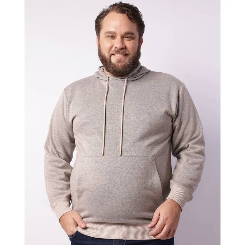 Blusão Plus Size Masculina Tricô Bolso Canguru Com Capuz Bege G1
