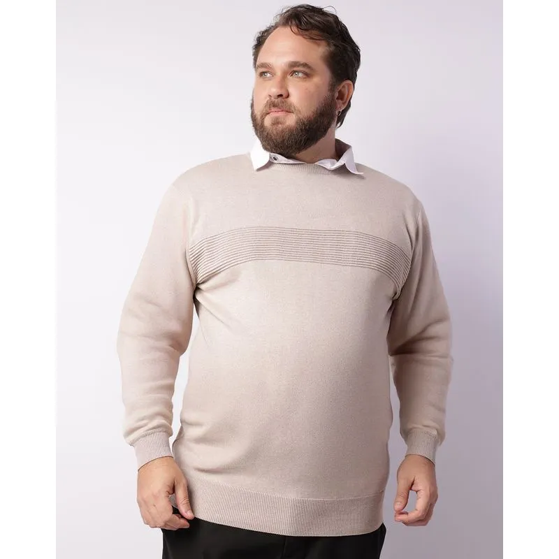 Suéter Plus Size Masculino Tricô com Recorte Texturizado Bege G2