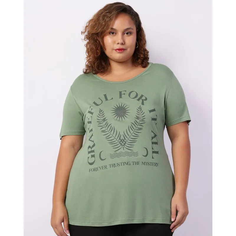 Blusa Plus Size Feminina Manga Curta Estampa Verde G3