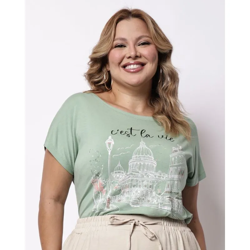 Blusa Plus Size Feminina Estampa Paris Manga Curta Verde G2