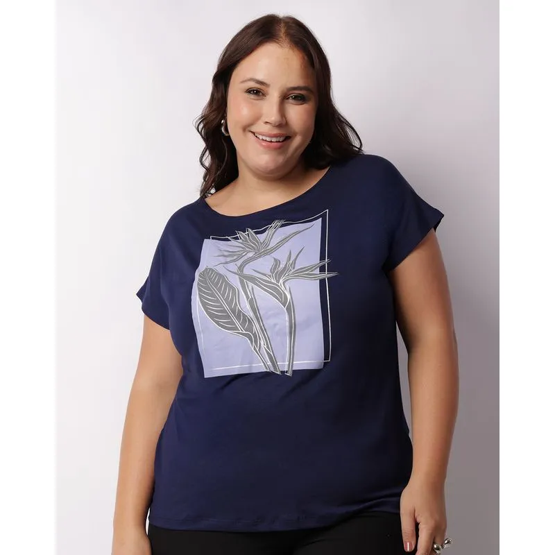 Blusa Plus Size Feminina Estampa Frontal Folhagem Marinho G2