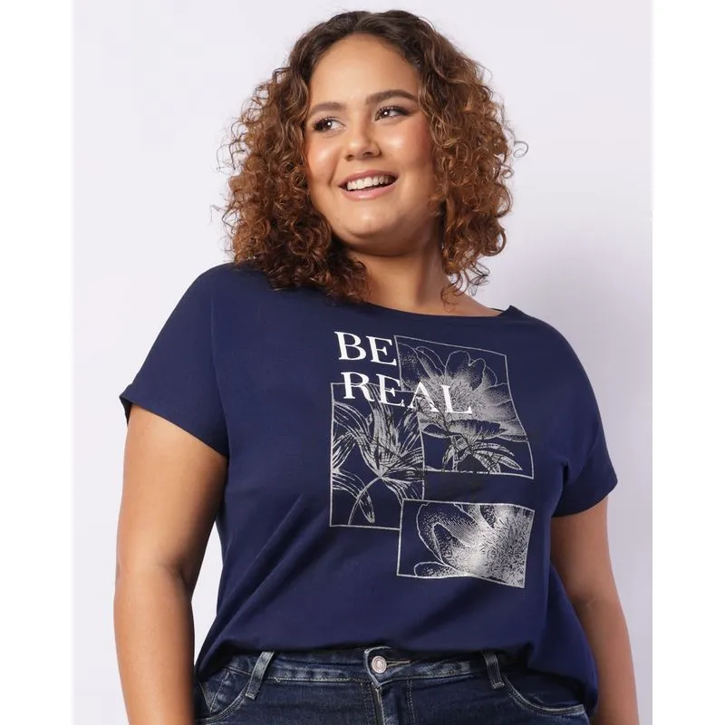 Blusa Plus Size Feminina Manga Curta com Estampa Marinho G1