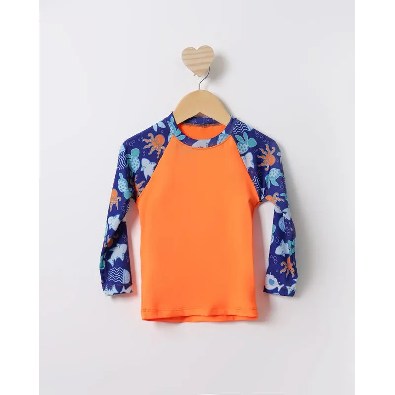 Camiseta Proteção UV Bebê Manga Longa Recortes Fundo Do Mar Neon Laranja 2