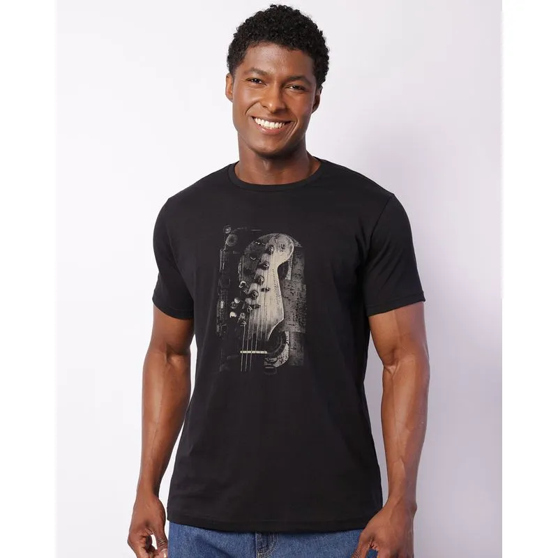 Camiseta Masculina Estampa Guitarra Manga Curta Preta P