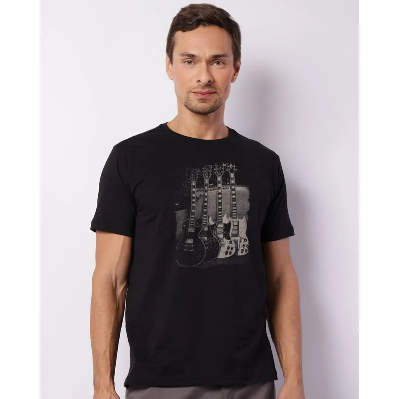 Camiseta Masculina Manga Curta Estampa Guitarra Telecaster Preta M