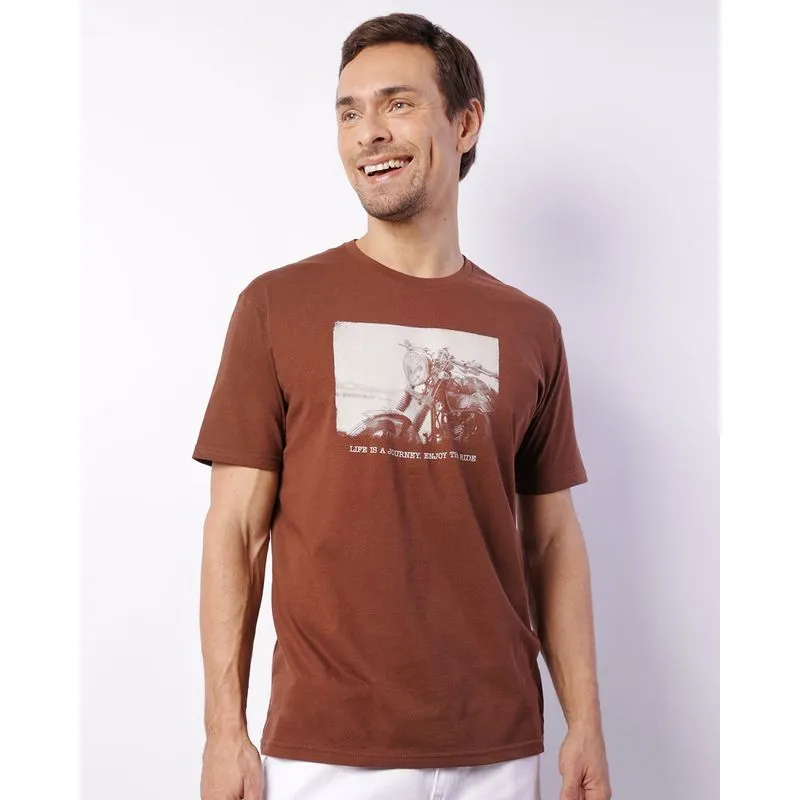 Camiseta Masculina Manga Curta Estampa Moto Marrom G