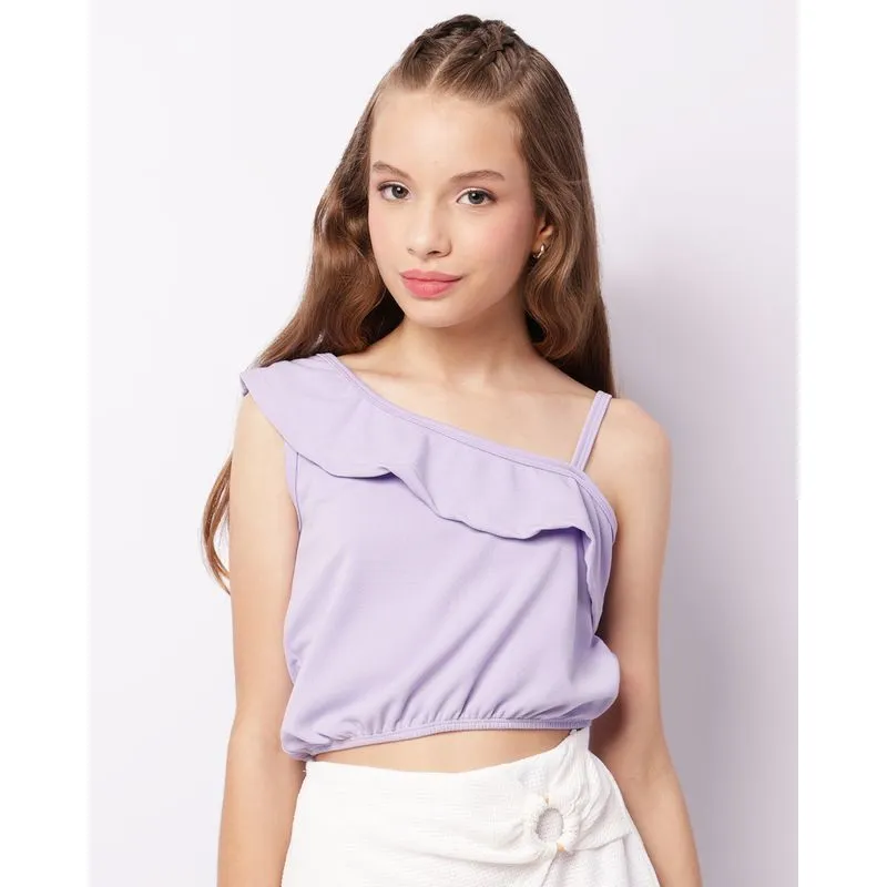 Blusa Cropped Juvenil Crepe Um Ombro Só Lilás 10