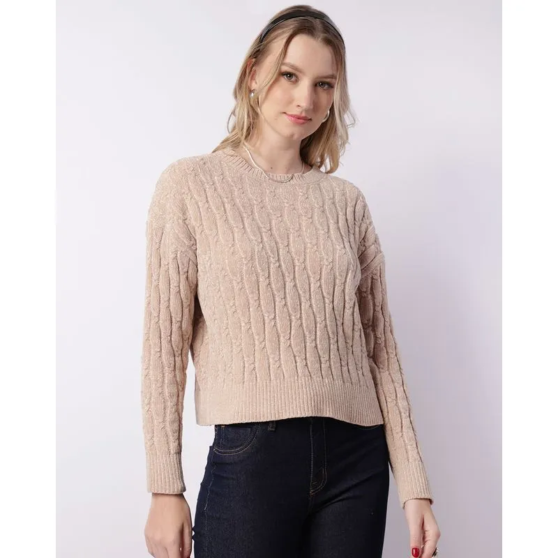 Suéter Feminino Tricô Chenille Trançado Bege G