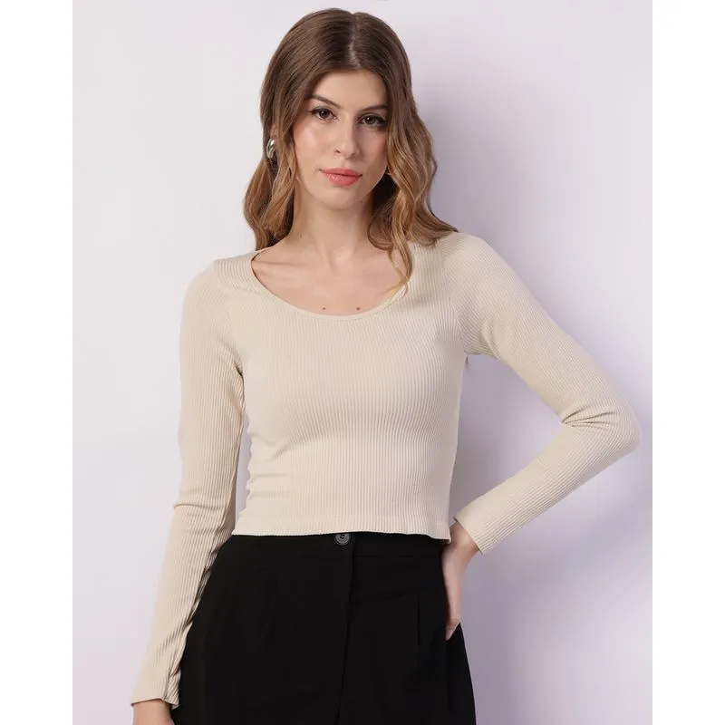 Blusa Feminina Cropped sem Costura Manga Longa Bege G