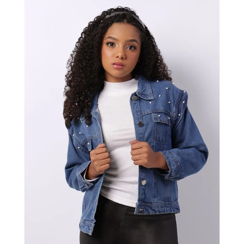 Jaqueta Jeans Juvenil com Botões Pérolas Bolsos Azul 16