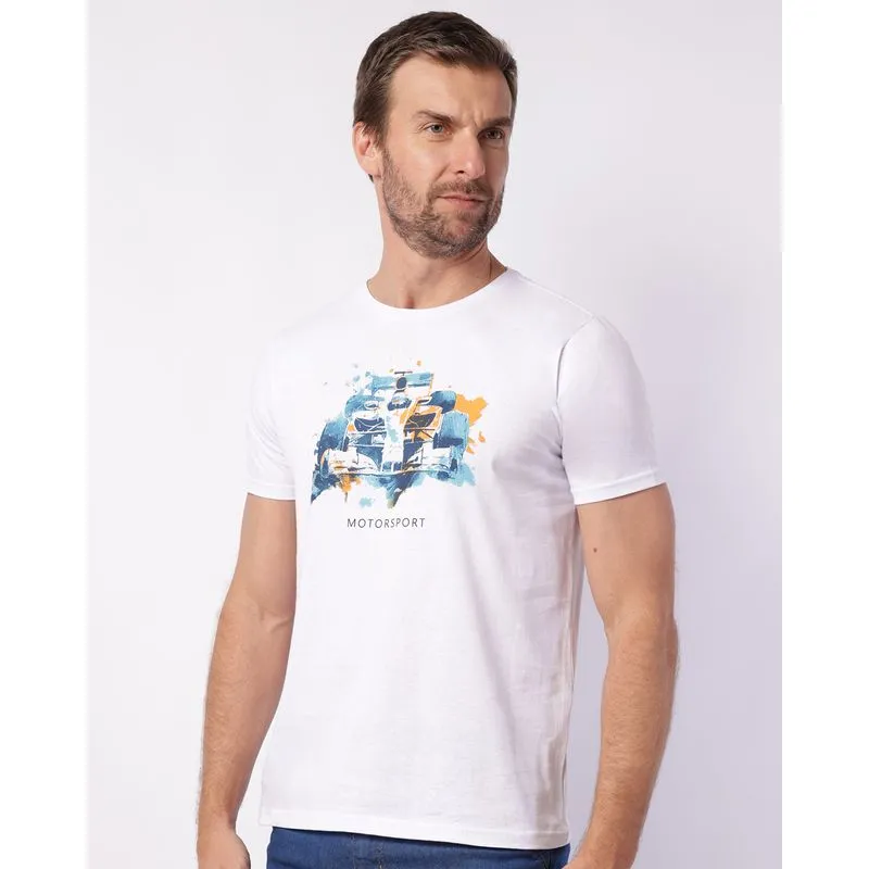 Camiseta Masculina Algodão com Estampa Motorsport Manga Curta Branca GG