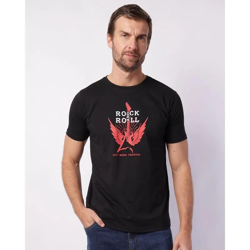 Camiseta Masculina com Estampa Rock And Roll Manga Curta Preta G