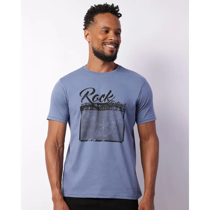 Camiseta Masculina Manga Curta Estampada Azul G