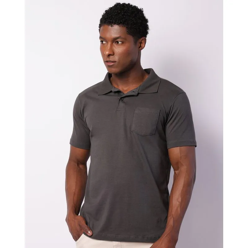 Camisa Polo Masculina Manga Curta Lisa Bolso Cinza G