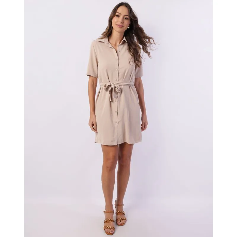 Vestido Feminino Berry & Co. Chemise Curto com Botões Bege P