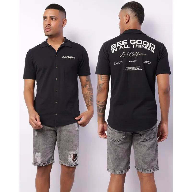 Camisa Masculina Manga Curta Texturizada Bordada Frente Costas Preta P