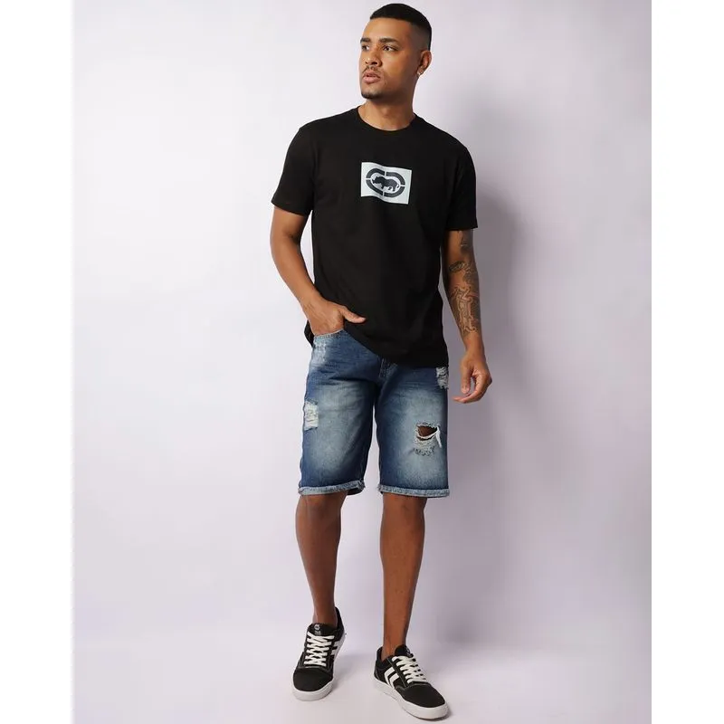 Bermuda Jeans Masculina Reta Com Destroyed Azul 44