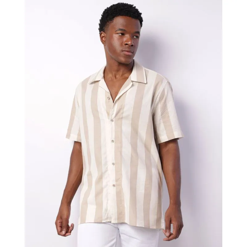 Camisa Masculina Listrada Manga Curta Bege 2