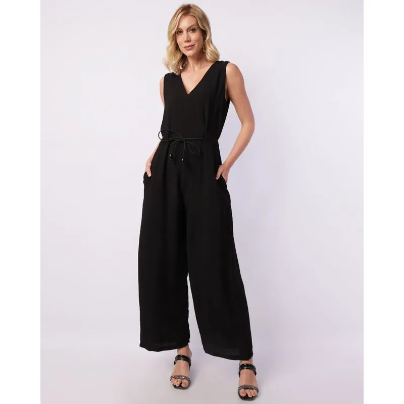Macacão Feminino Longo com Bolsos Zíper Amarração Preto GG