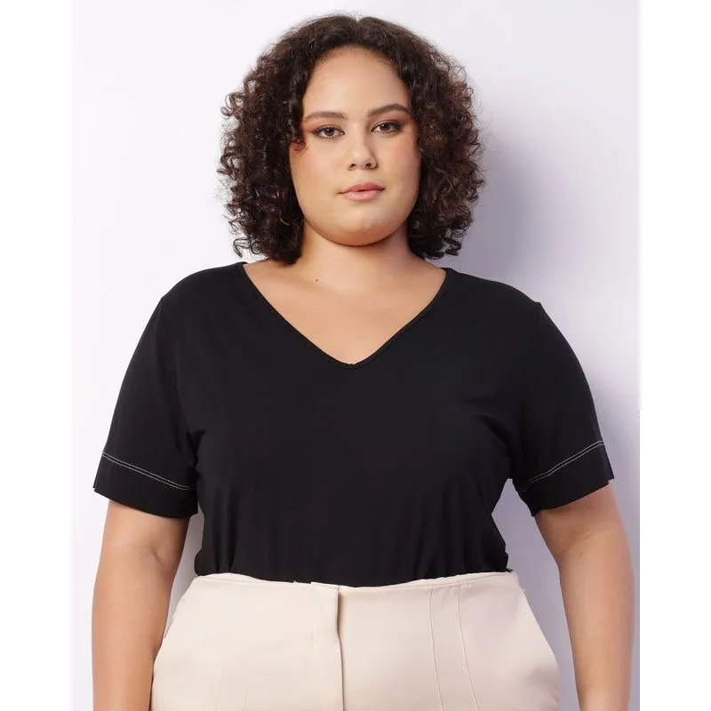 Blusa Plus Size Feminina Viscose Decote V Preta G1