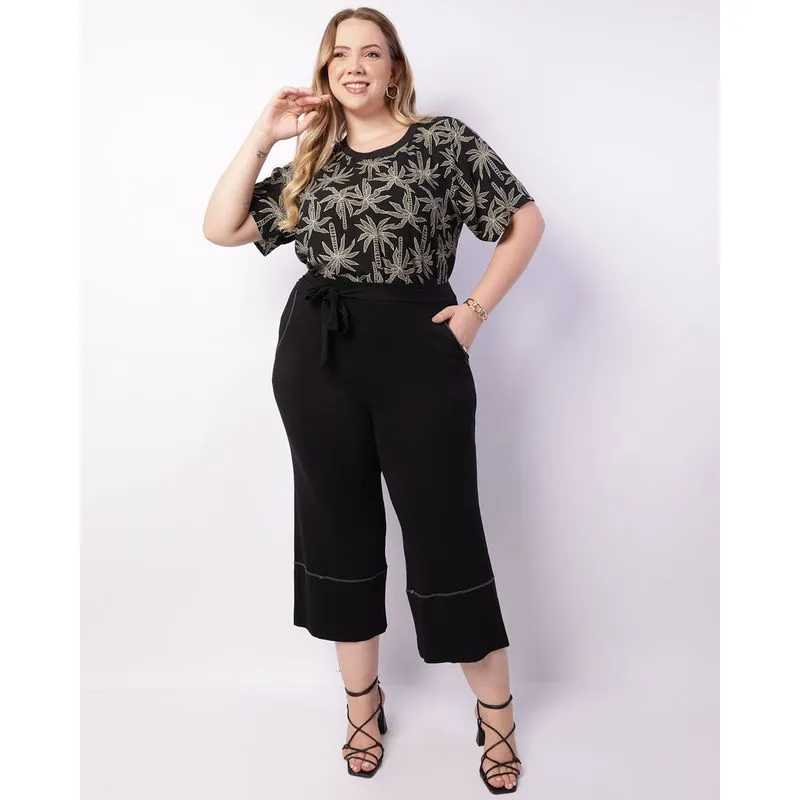 Calça Plus Size Feminina Viscose Pantacourt Faixas Para Amarração Preta G3